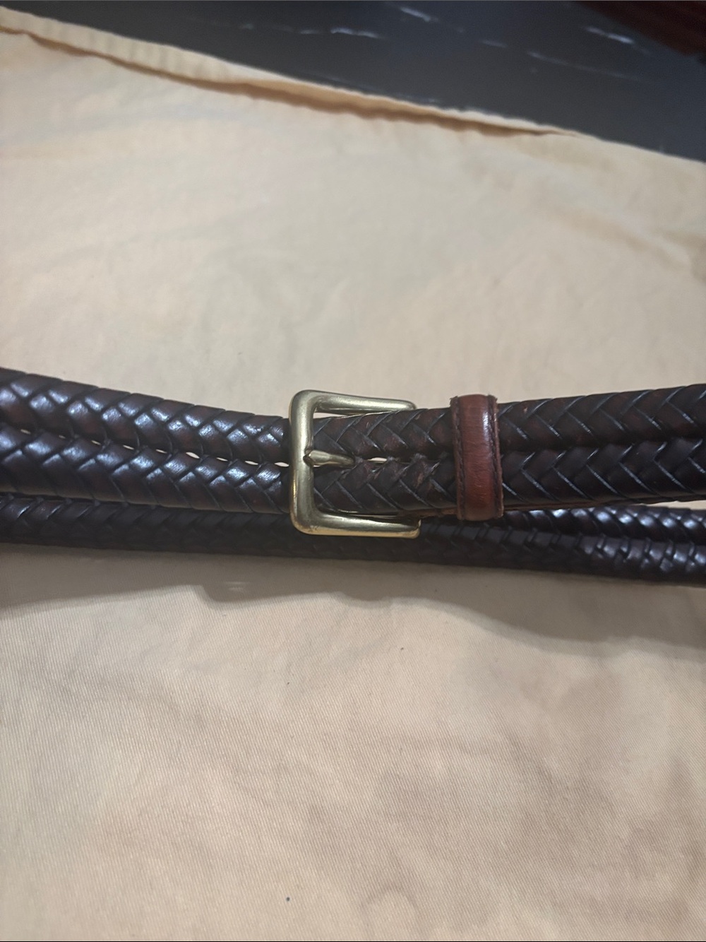 Fossil Dark Brown Braided Leather Belt with Brass-Tone Buckle